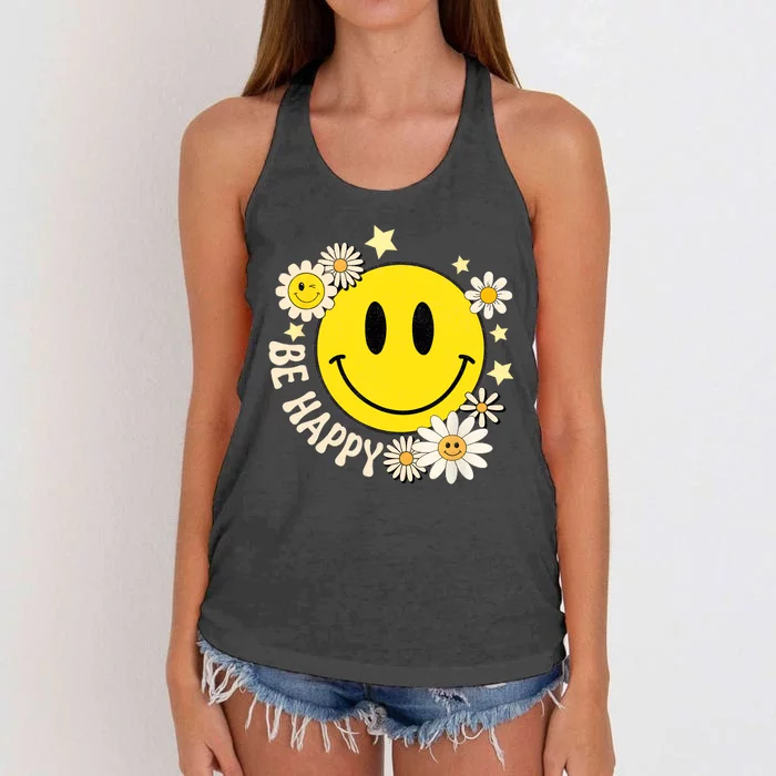 Be Happy Smile Face Retro Groovy Daisy Flower 70s Women's Knotted Racerback Tank