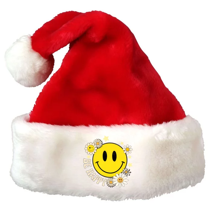 Be Happy Smile Face Retro Groovy Daisy Flower 70s Premium Christmas Santa Hat