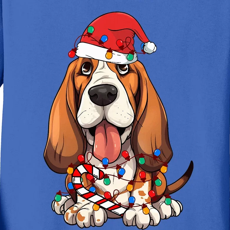 Basset Hound Santa Christmas Lights Dog Lover Xmas Pajama Kids Long Sleeve Shirt