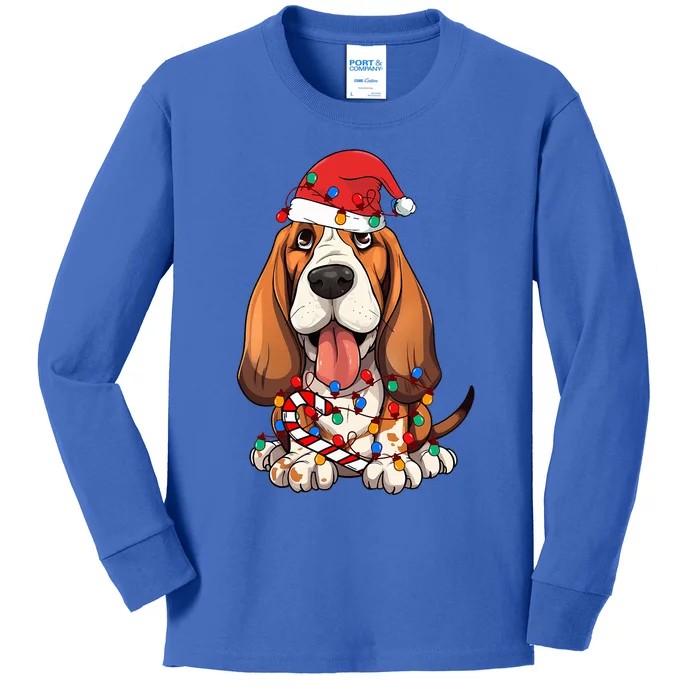 Basset Hound Santa Christmas Lights Dog Lover Xmas Pajama Kids Long Sleeve Shirt