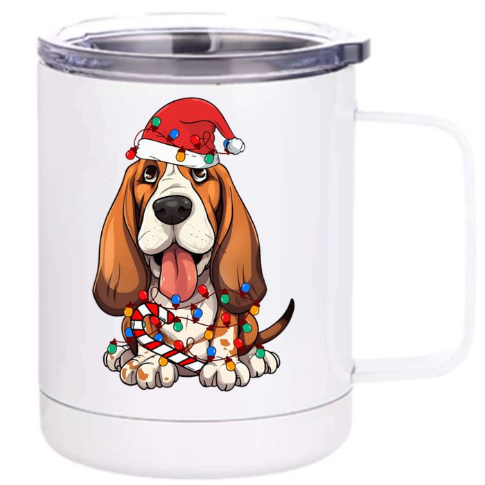 Basset Hound Santa Christmas Lights Dog Lover Xmas Pajama Front & Back 12oz Stainless Steel Tumbler Cup