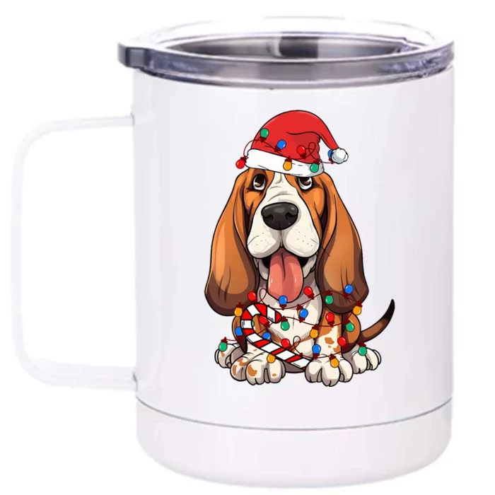 Basset Hound Santa Christmas Lights Dog Lover Xmas Pajama Front & Back 12oz Stainless Steel Tumbler Cup