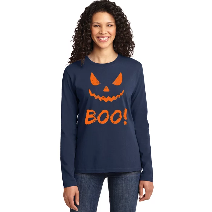 Boo Halloween Spooky Scary Pumpkin Pumpkins October Fall Ladies Long Sleeve Shirt