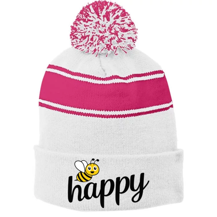 Bee Happy Summer Stripe Pom Pom Beanie