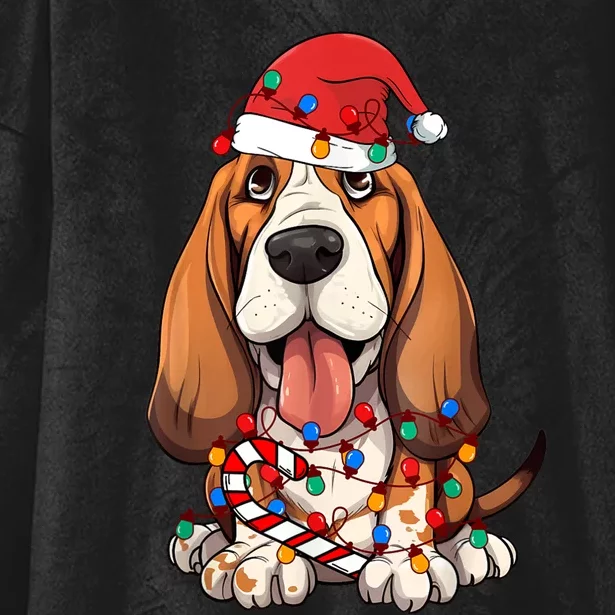 Basset Hound Santa Christmas Lights Dog Lover Xmas Pajama Hooded Wearable Blanket