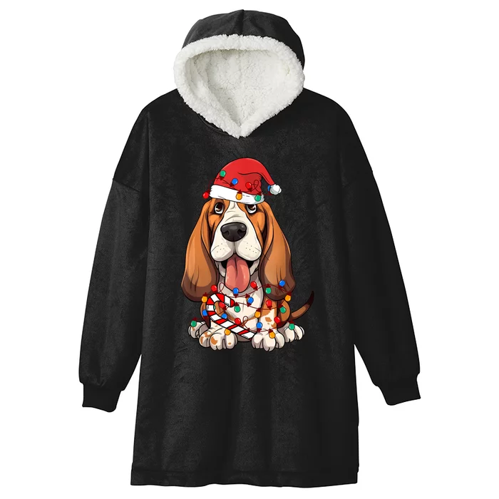 Basset Hound Santa Christmas Lights Dog Lover Xmas Pajama Hooded Wearable Blanket