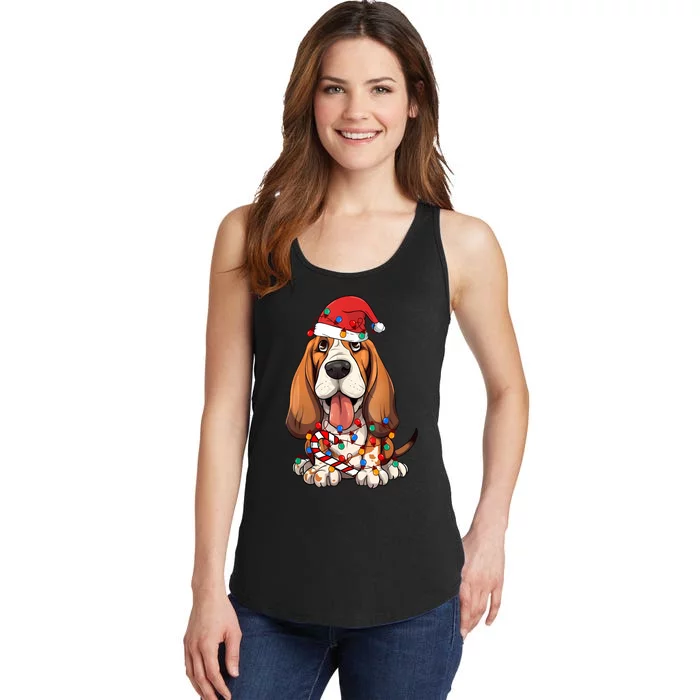 Basset Hound Santa Christmas Lights Dog Lover Xmas Pajama Ladies Essential Tank