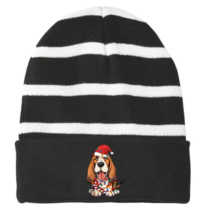 Basset Hound Santa Christmas Lights Dog Lover Xmas Pajama Striped Beanie with Solid Band