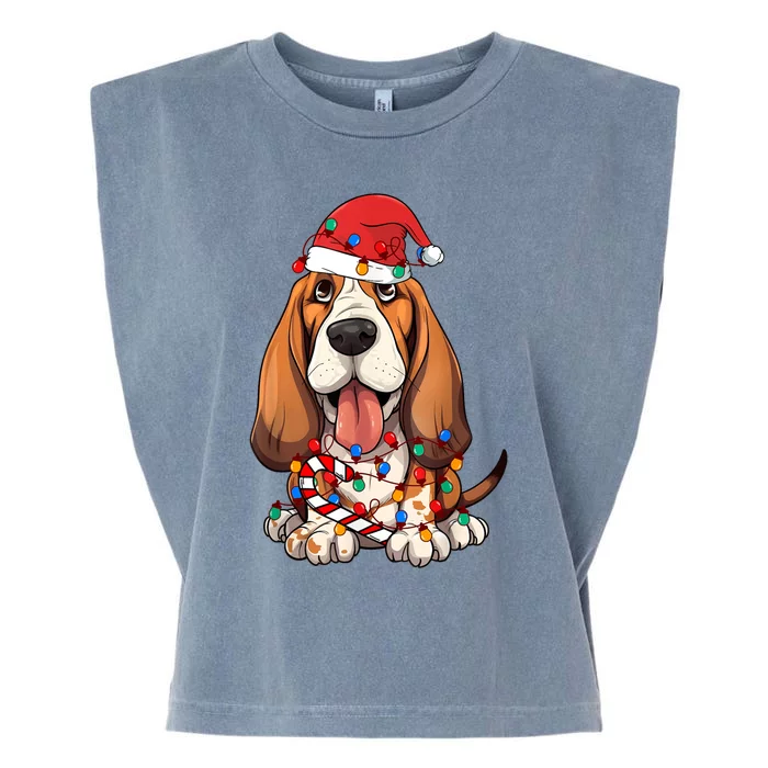 Basset Hound Santa Christmas Lights Dog Lover Xmas Pajama Garment-Dyed Women's Muscle Tee