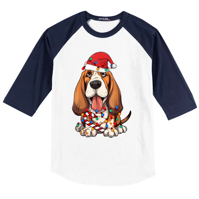 Basset Hound Santa Christmas Lights Dog Lover Xmas Pajama Baseball Sleeve Shirt