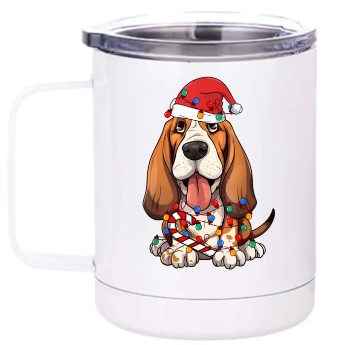 Basset Hound Santa Christmas Lights Dog Lover Xmas Pajama Front & Back 12oz Stainless Steel Tumbler Cup