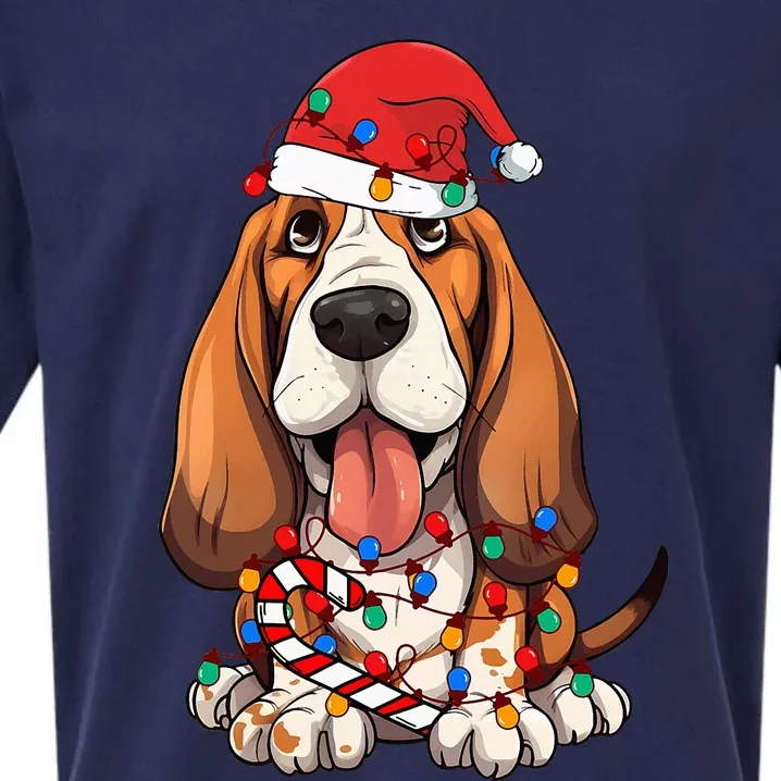 Basset Hound Santa Christmas Lights Dog Lover Xmas Pajama Sueded Cloud Jersey T-Shirt