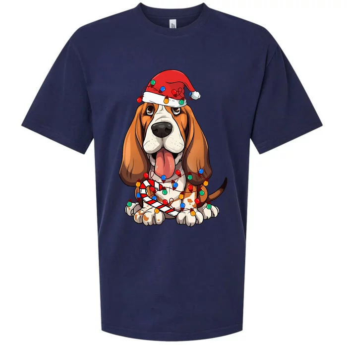 Basset Hound Santa Christmas Lights Dog Lover Xmas Pajama Sueded Cloud Jersey T-Shirt