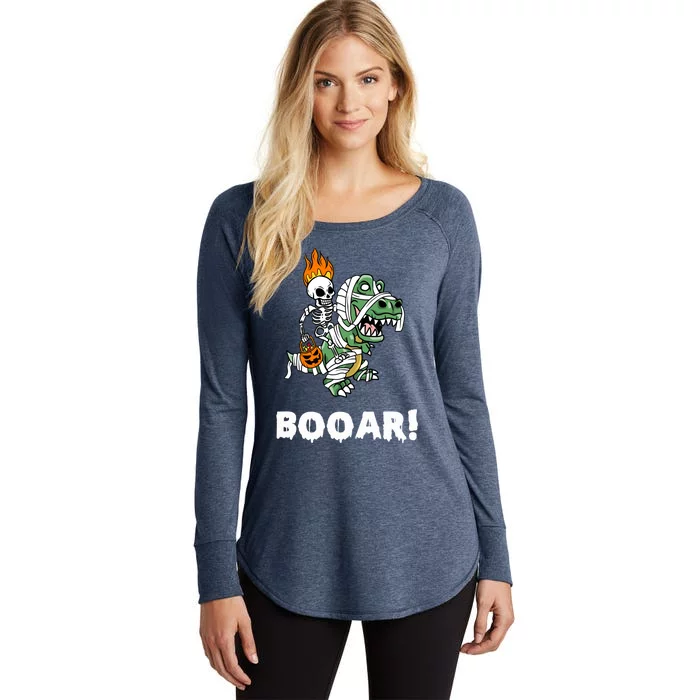 Booar Halloween Skeleton Dino TRex Halloween Dinosaur Gift Women's Perfect Tri Tunic Long Sleeve Shirt