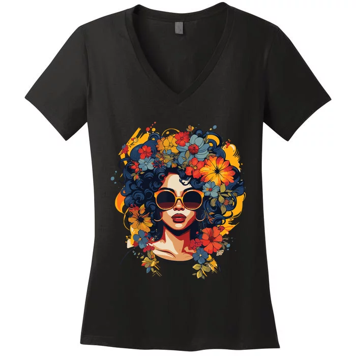 Black History T Shrits For Wo Afro Flower Hair Juneteenth Women's V-Neck T-Shirt