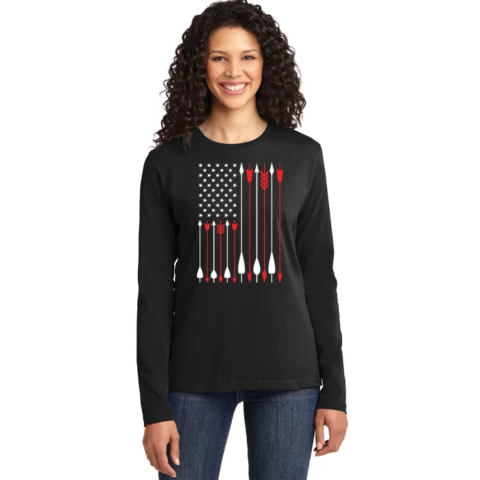 Bow Hunting USA American Flag Archery Hoodie Bow Hunter Ladies Long Sleeve Shirt