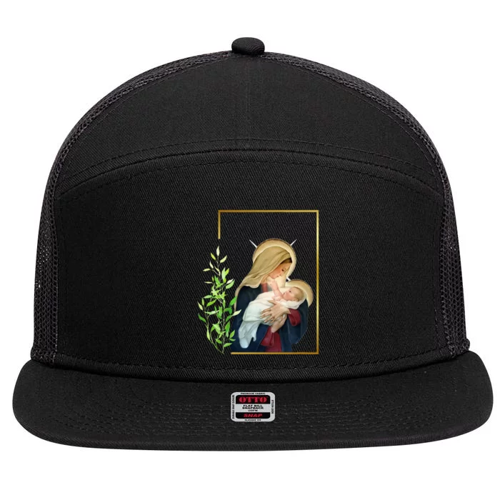 Blessed Holy Virgin Mary With Child Jesus Rosary Catholic 7 Panel Mesh Trucker Snapback Hat