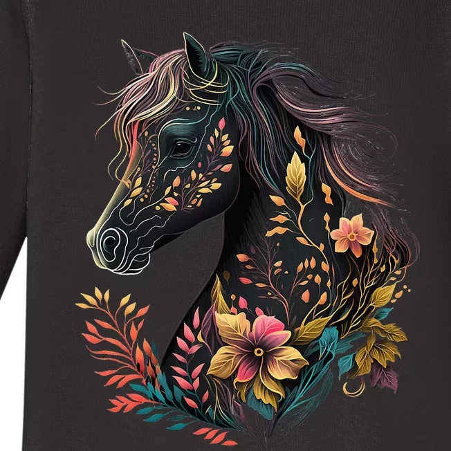 Beautiful Horse with Flowers and Plants Equestrian Art Black Baby Long Sleeve Bodysuit