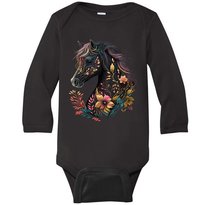 Beautiful Horse with Flowers and Plants Equestrian Art Black Baby Long Sleeve Bodysuit