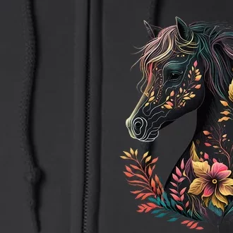 Beautiful Horse with Flowers and Plants Equestrian Art Black Full Zip Hoodie