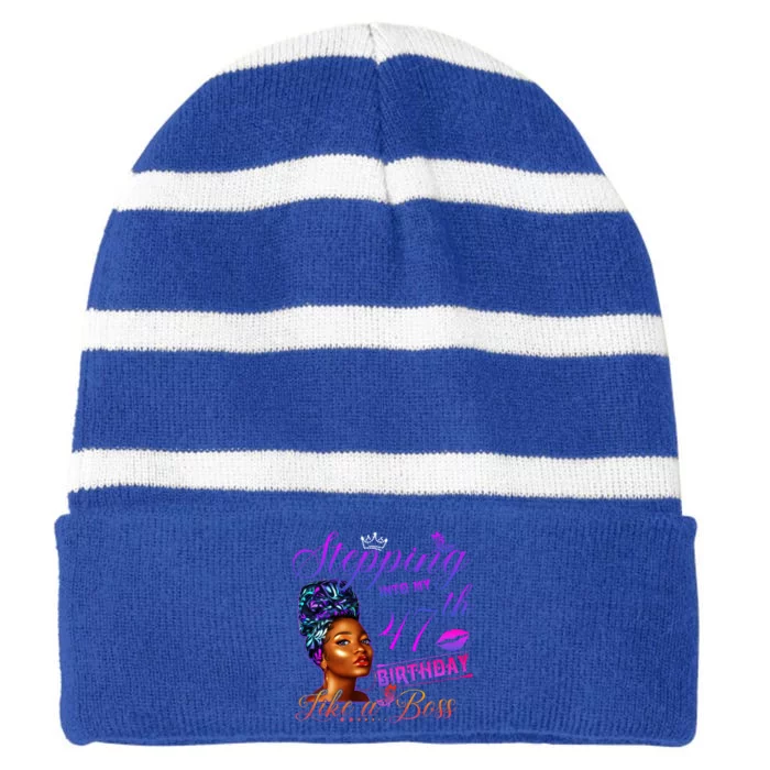 Born In 1974 Stepping Into My 47th Birthday Black Gift Striped Beanie with Solid Band