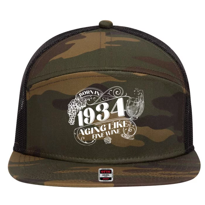 Born In 1934 90th Birthday Aging Like Fine Wine 7 Panel Mesh Trucker Snapback Hat