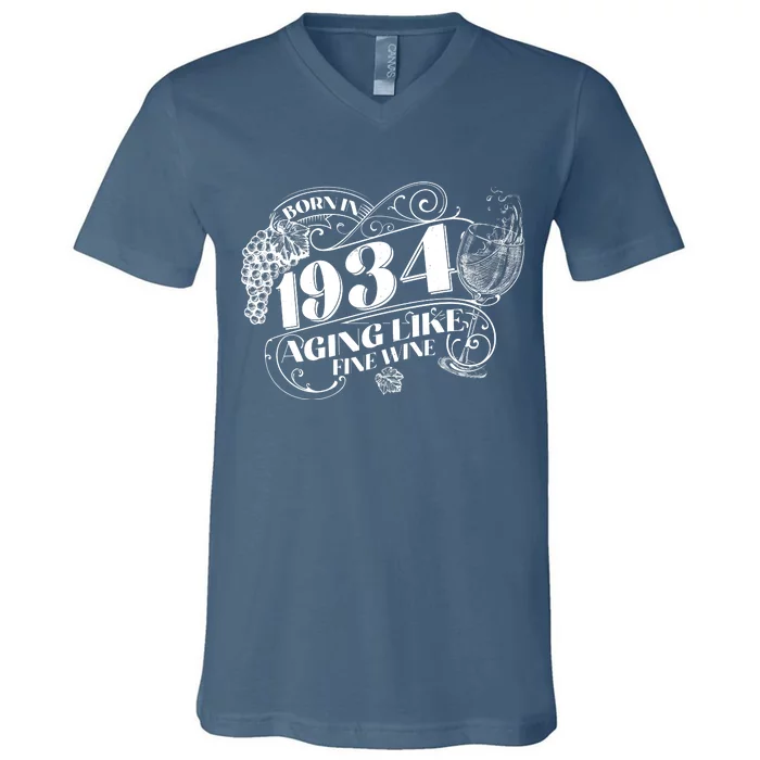 Born In 1934 90th Birthday Aging Like Fine Wine V-Neck T-Shirt