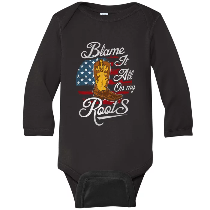 Blame It All On My Roots Men Country Music Lover Baby Long Sleeve Bodysuit