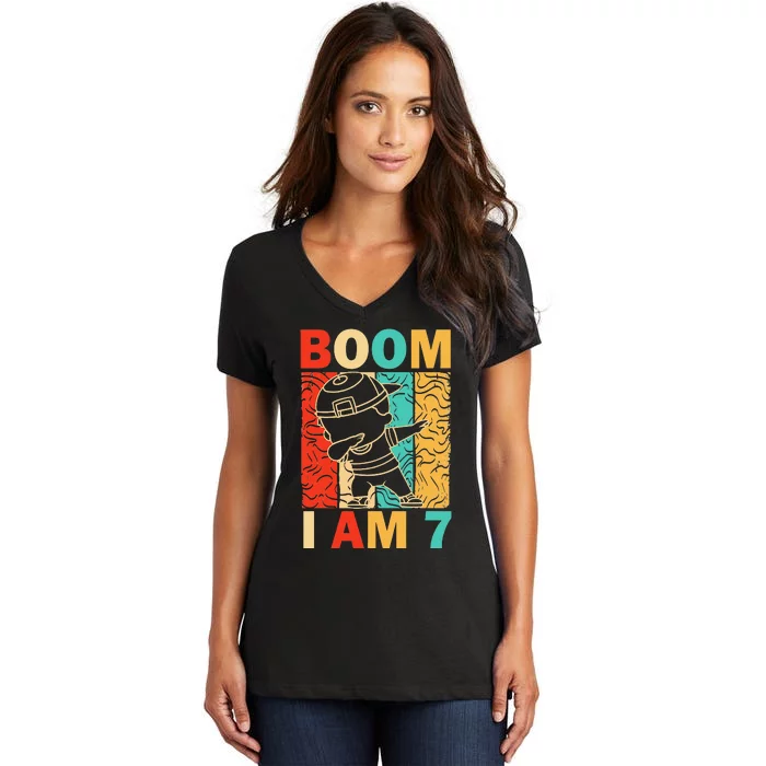 Boom I Am 7 Years Old Dabbing 7th Birthday Gifts Women's V-Neck T-Shirt