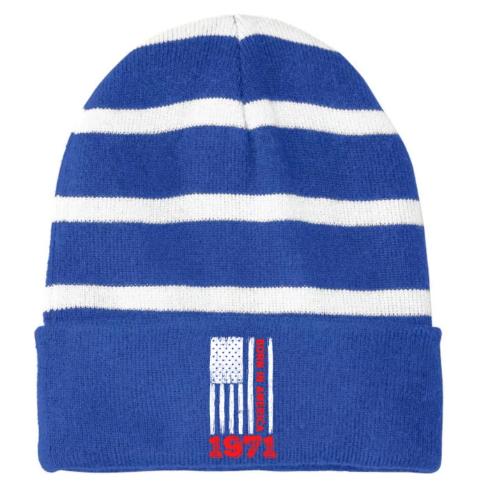 Born In America 50 Years Old Happy 50th Birthday Flag Design Gift Striped Beanie with Solid Band