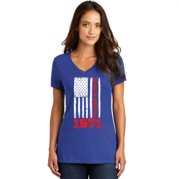 Born In America 50 Years Old Happy 50th Birthday Flag Design Gift Women's V-Neck T-Shirt