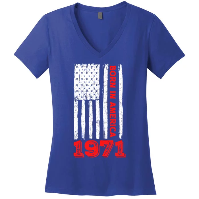 Born In America 50 Years Old Happy 50th Birthday Flag Design Gift Women's V-Neck T-Shirt