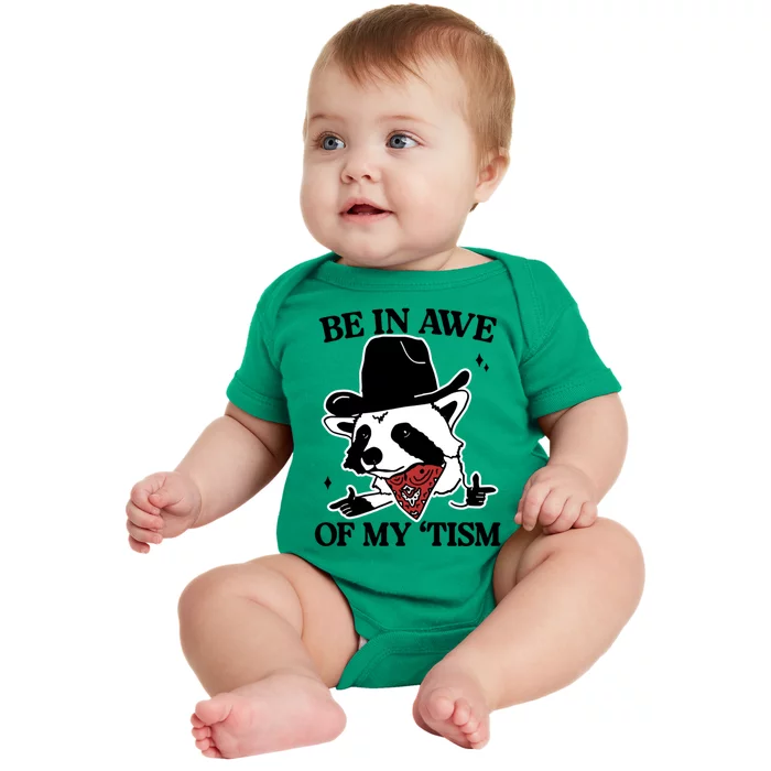 Be In Awe Of My Tism Funny Racoon Meme Retro Baby Bodysuit