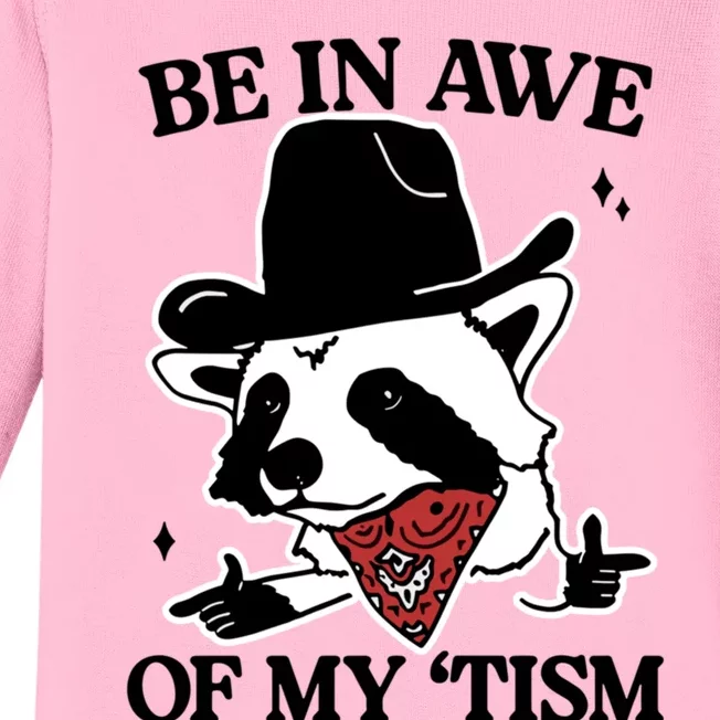 Be In Awe Of My Tism Funny Racoon Meme Retro Baby Long Sleeve Bodysuit