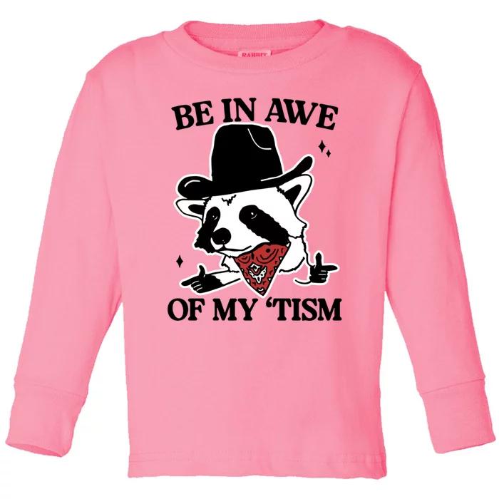 Be In Awe Of My Tism Funny Racoon Meme Retro Toddler Long Sleeve Shirt