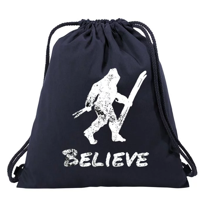 Bigfoot I Believe Skiing Funny Sasquatch Yeti Skiing Meaningful Gift Drawstring Bag