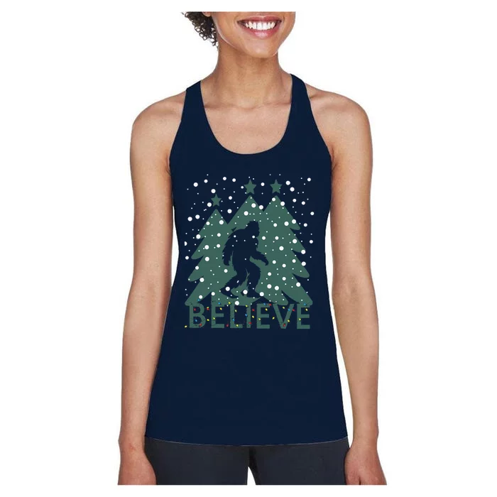 Believe In Bigfoot Christmas Lights Funny Sasquatch Women's Racerback Tank