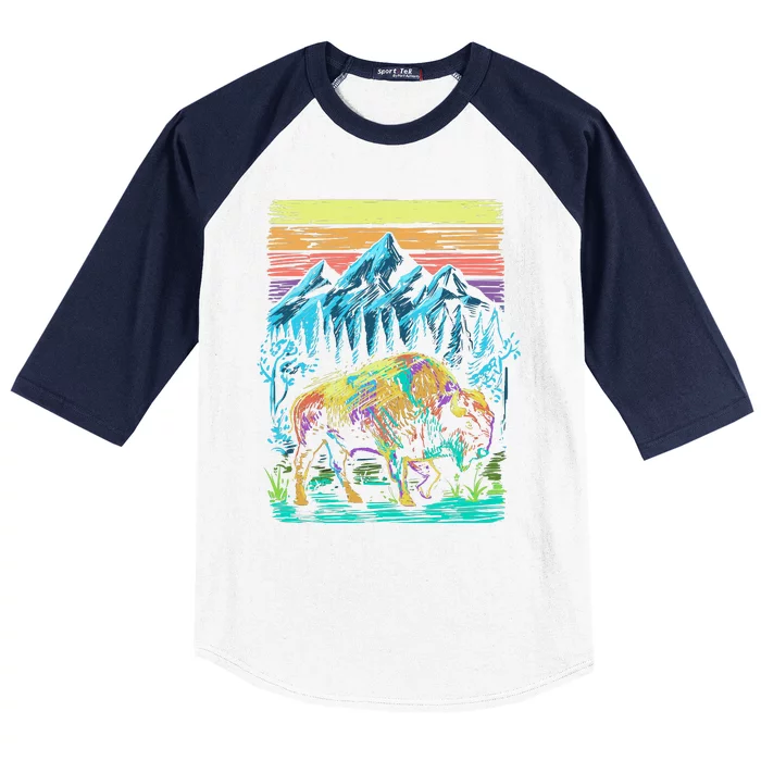 Bison Illustration Baseball Sleeve Shirt