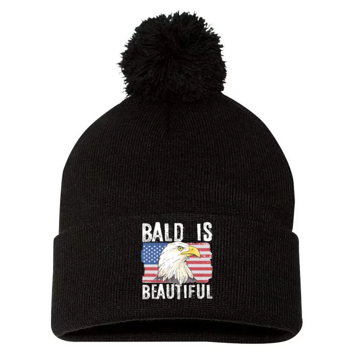 Bald Is Beautiful 4th Of July Independence Day Bald Eagle Pom Pom 12in Knit Beanie