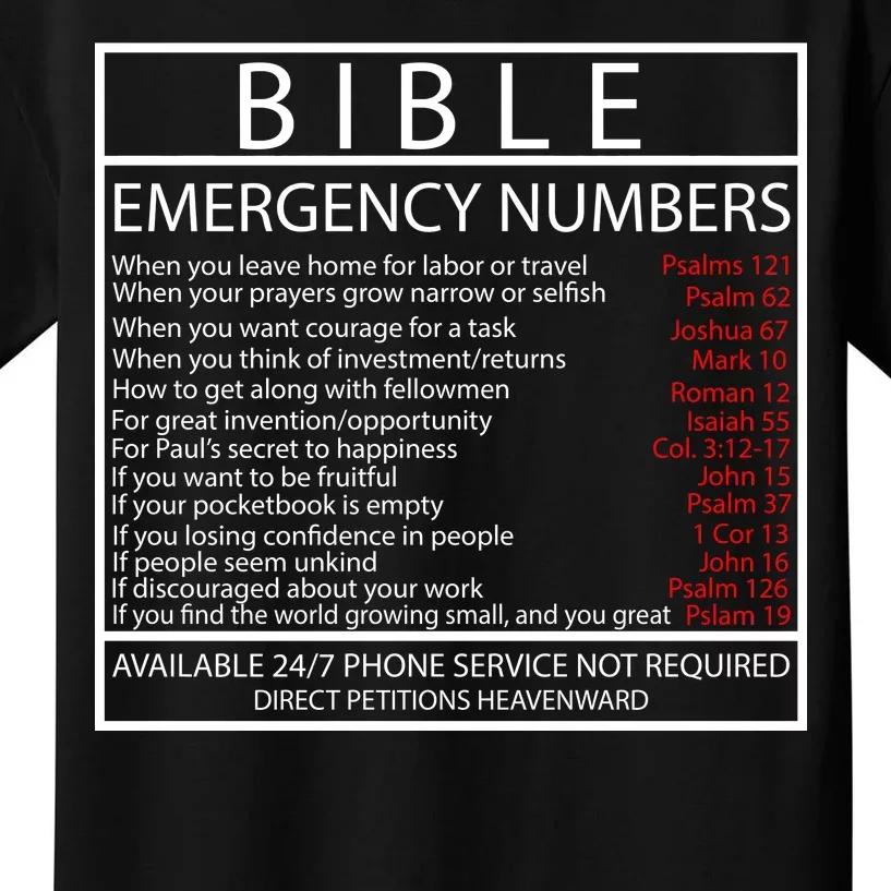 Bible Emergency Hotline Numbers Kids T-Shirt