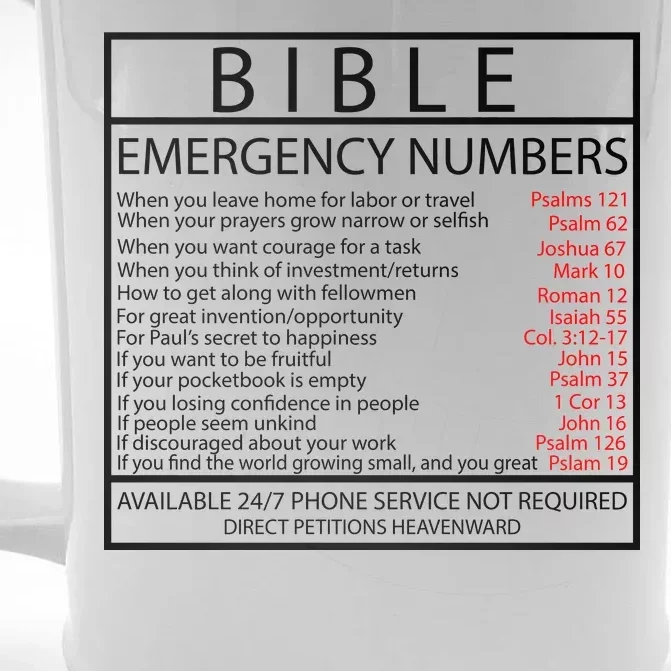 Bible Emergency Hotline Numbers Front & Back Beer Stein