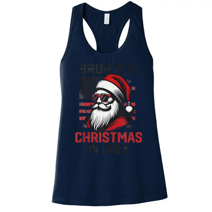 Bruh ItS Christmas In July Funny Summer Xmas American Flag Women's Racerback Tank