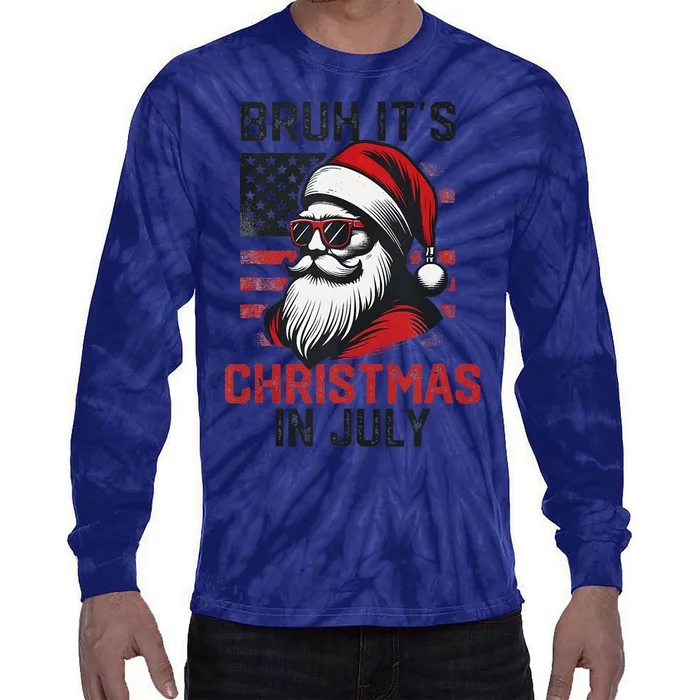 Bruh ItS Christmas In July Funny Summer Xmas American Flag Tie-Dye Long Sleeve Shirt