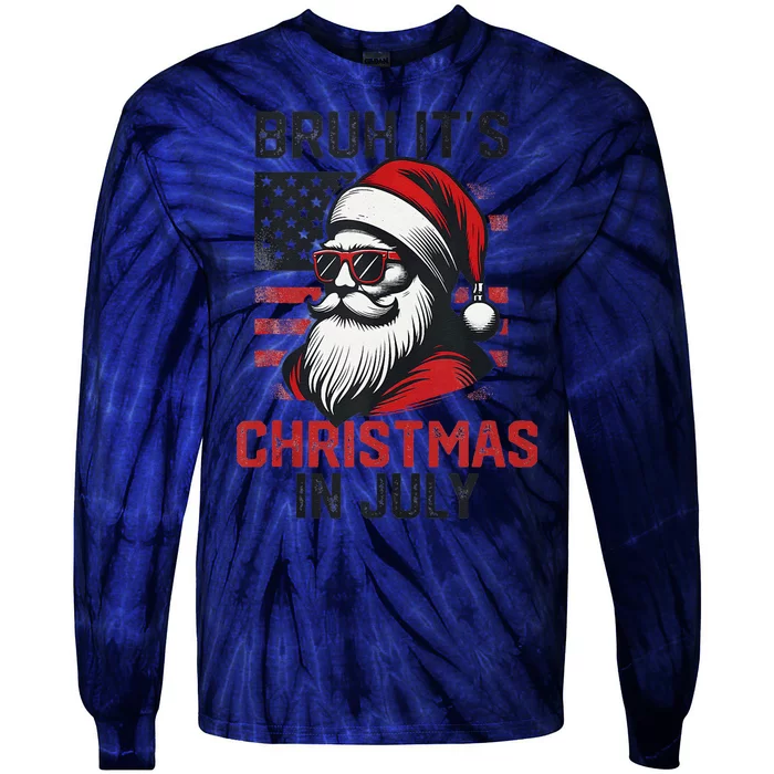 Bruh ItS Christmas In July Funny Summer Xmas American Flag Tie-Dye Long Sleeve Shirt