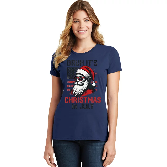 Bruh ItS Christmas In July Funny Summer Xmas American Flag Women's T-Shirt