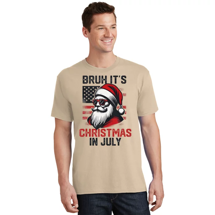 Bruh ItS Christmas In July Funny Summer Xmas American Flag T-Shirt