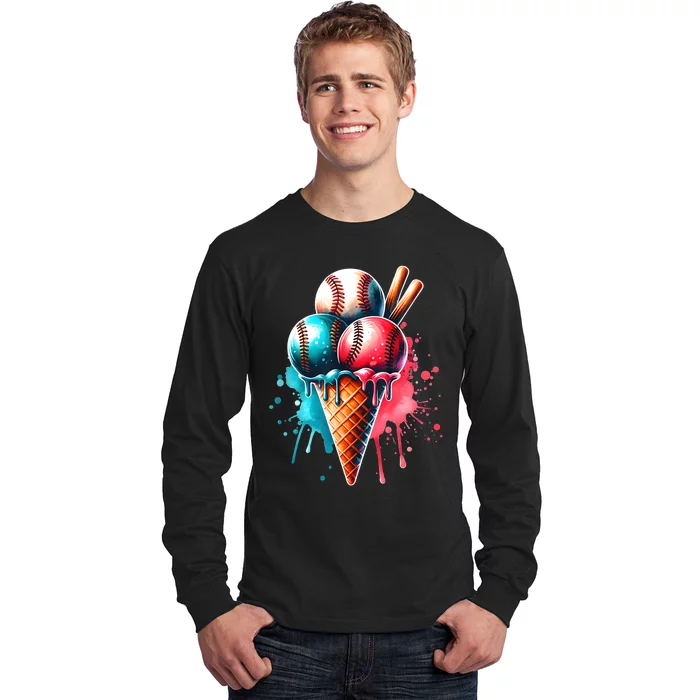 Baseball Ice Cream Watercolor Sports Lover Ice Cream Cone Long Sleeve Shirt