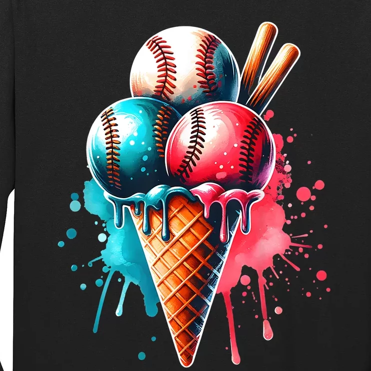 Baseball Ice Cream Watercolor Sports Lover Ice Cream Cone Long Sleeve Shirt