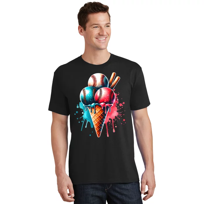 Baseball Ice Cream Watercolor Sports Lover Ice Cream Cone T-Shirt