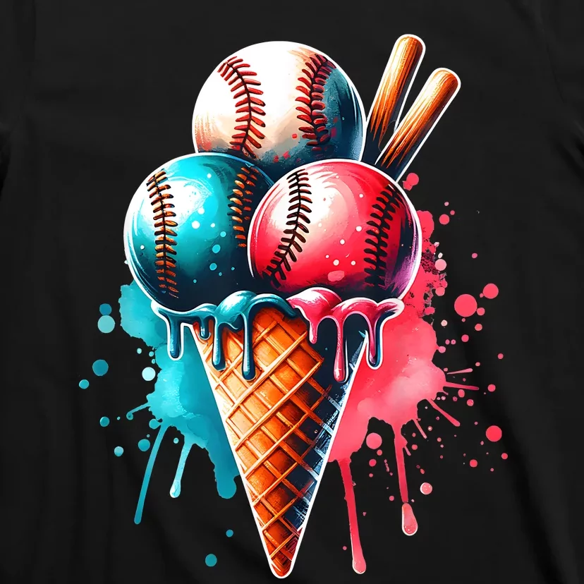 Baseball Ice Cream Watercolor Sports Lover Ice Cream Cone T-Shirt